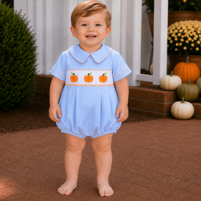 Smocked Pumpkins Collared Boy Bubble - Light Blue
