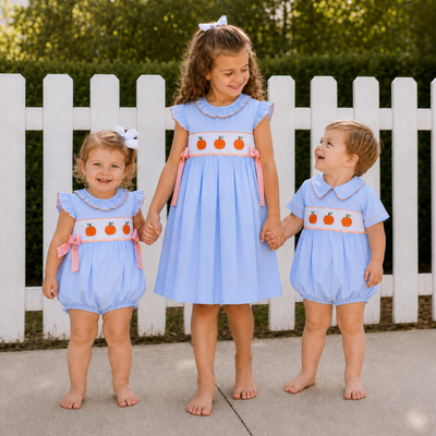 Smocked Pumpkins Collared Boy Bubble - Light Blue