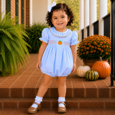 Embroidered Pumpkin Ruffle Neck Girl Bubble - Light Blue Gingham