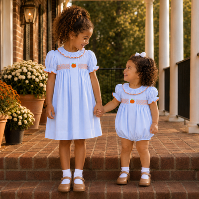 Embroidered Pumpkin Ruffle Neck Girl Bubble - Light Blue Gingham