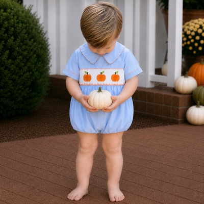 Smocked Pumpkins Collared Boy Bubble - Light Blue