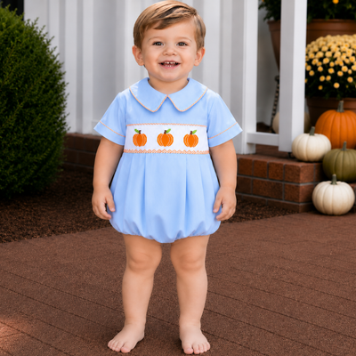 Smocked Pumpkins Collared Boy Bubble - Light Blue