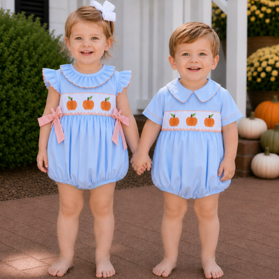 Smocked Pumpkins Ruffle Neck Girl Bubble - Light Blue