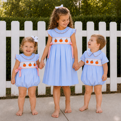 Smocked Pumpkins Ruffle Neck Dress - Light Blue