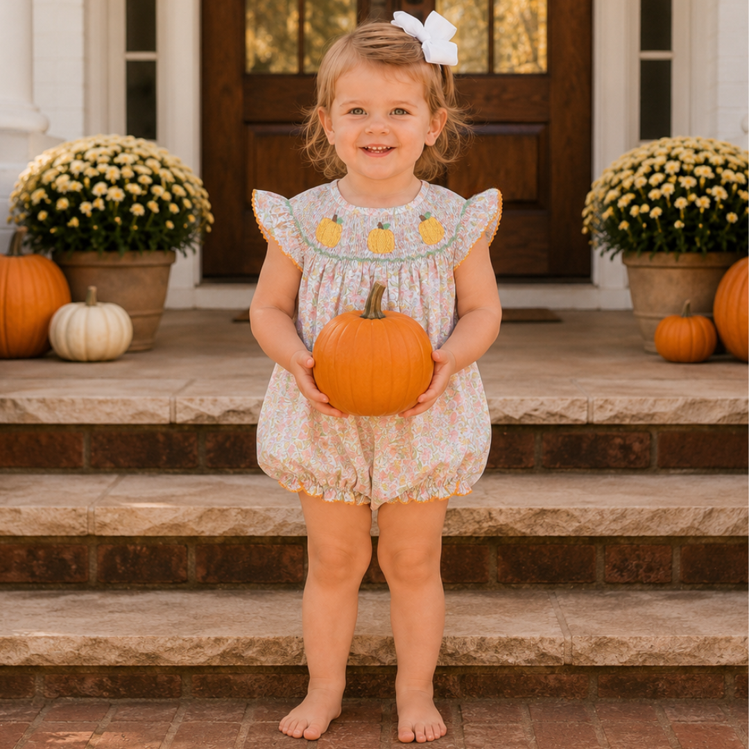smocked pumpkin dress Pumpkins Girl Bubble Matching Smocked Pumpkins Bishop Color:Lemon Vine French Grey | Dresses atf-sm-12.19.25