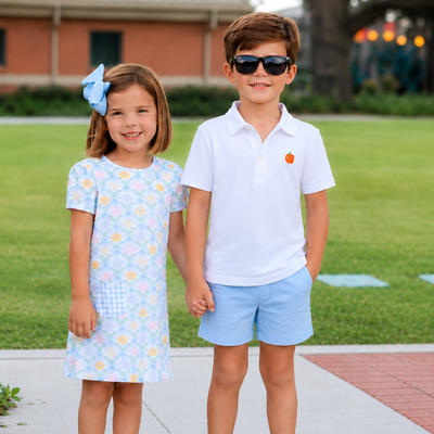 Playground Pocket Dress - Pumpkin Blue Bow Trellis