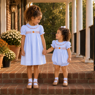 Embroidered Pumpkin Ruffle Neck Girl Bubble - Light Blue Gingham