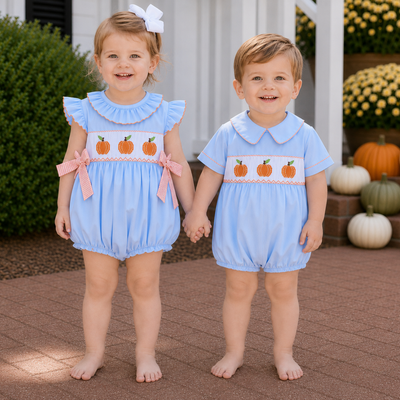 Smocked Pumpkins Collared Boy Bubble - Light Blue
