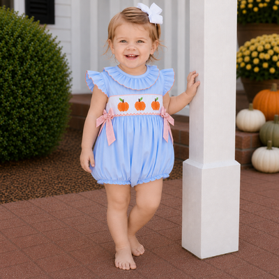 Smocked Pumpkins Ruffle Neck Girl Bubble - Light Blue