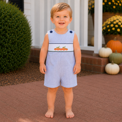 Smocked Pumpkin Patch Shortall - Navy Windowpane