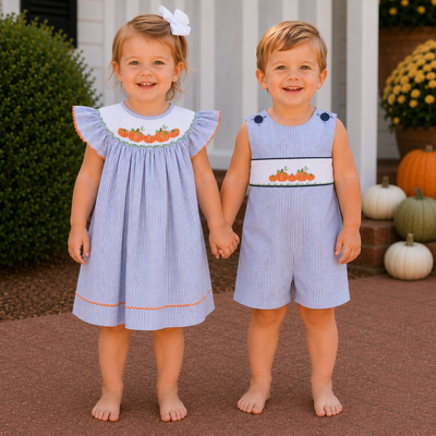 Smocked Pumpkin Patch Shortall - Navy Windowpane