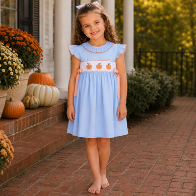 Smocked Pumpkins Ruffle Neck Dress - Light Blue