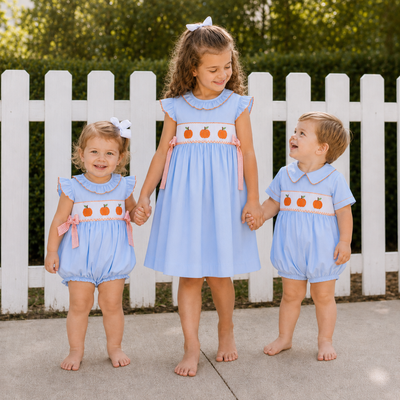 Smocked Pumpkins Collared Boy Bubble - Light Blue