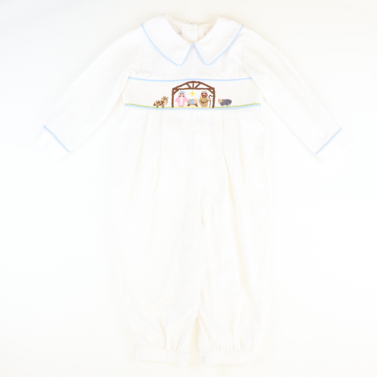 Smocked Silent Night Collared Boy Long Bubble - White Corduroy