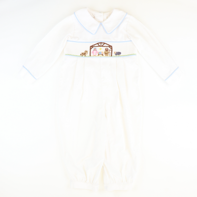 Smocked Silent Night Collared Boy Long Bubble - White Corduroy