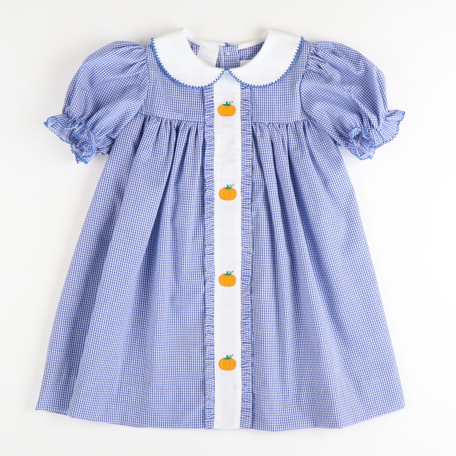 Embroidered Pumpkins Collared Dress - Blue Check - Stellybelly
