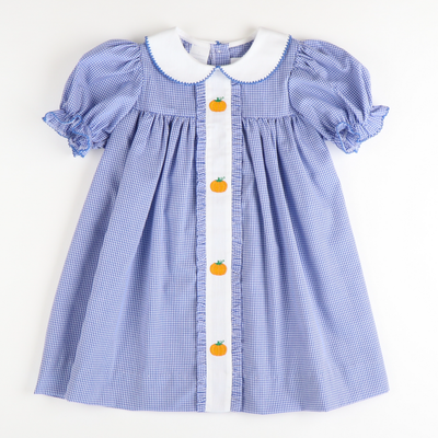 Embroidered Pumpkins Collared Dress - Blue Check - Stellybelly