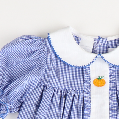 Embroidered Pumpkins Collared Dress - Blue Check - Stellybelly