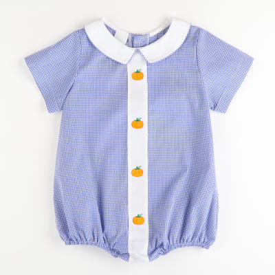 Embroidered Pumpkins Boy Collared Bubble - Blue Check - Stellybelly