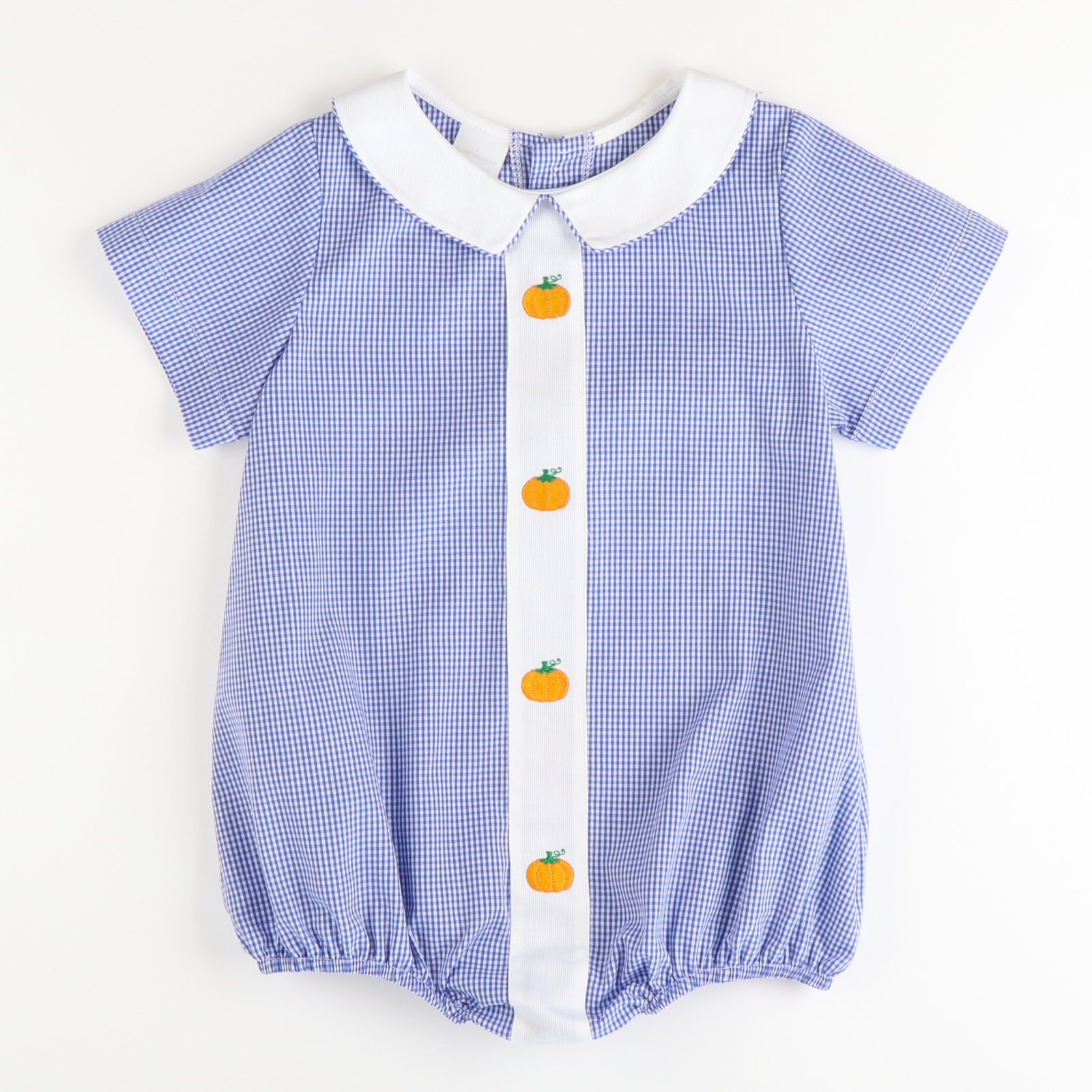 Embroidered Pumpkins Boy Collared Bubble - Blue Check - Stellybelly