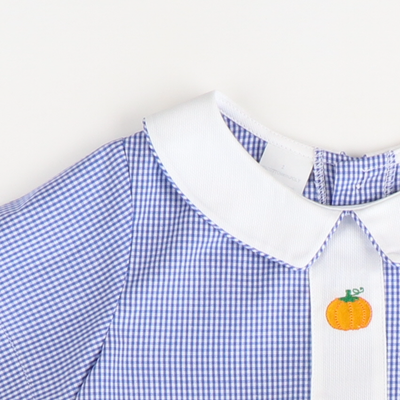 Embroidered Pumpkins Boy Collared Bubble - Blue Check - Stellybelly