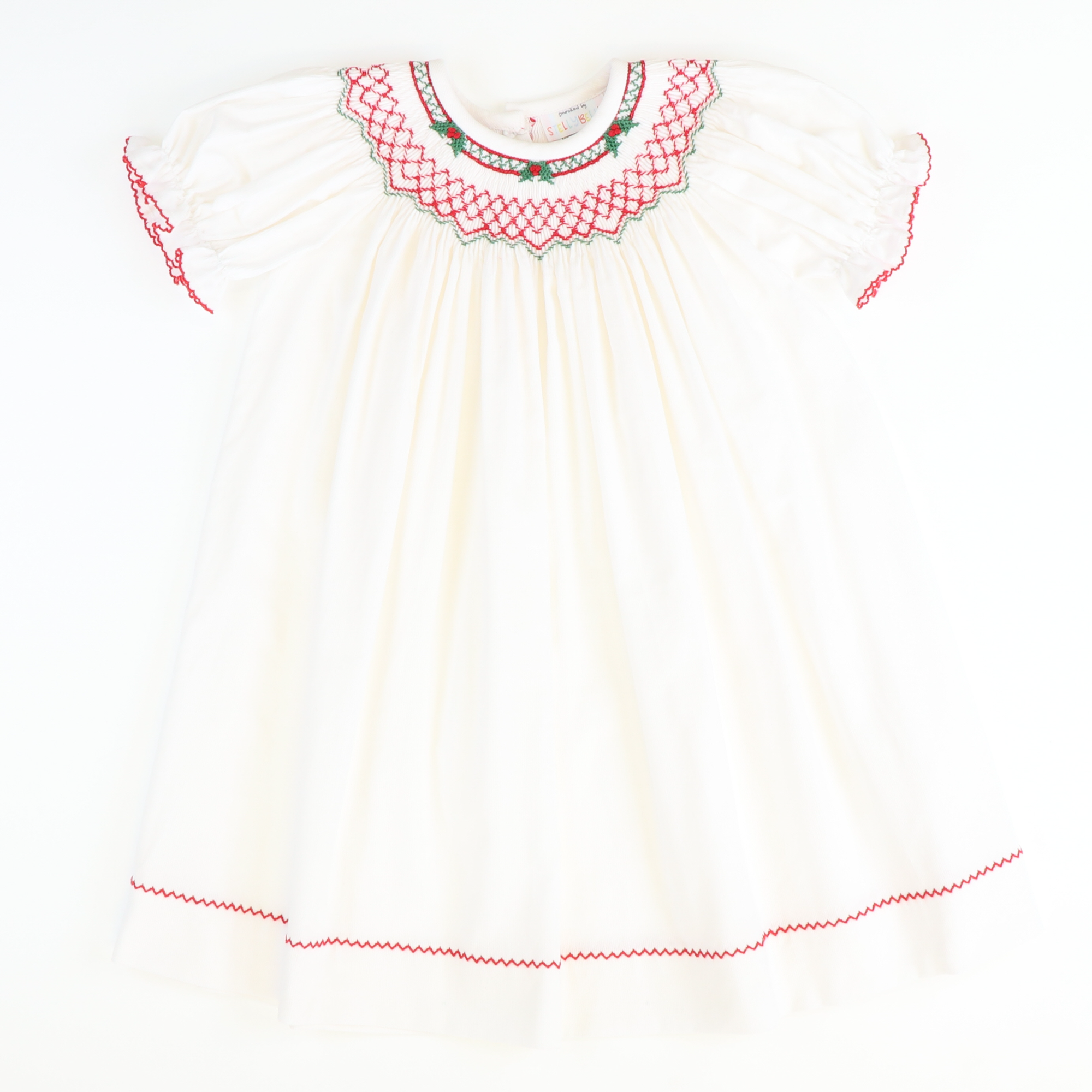 Smocked Christmas Holly Geo Bishop - White Corduroy