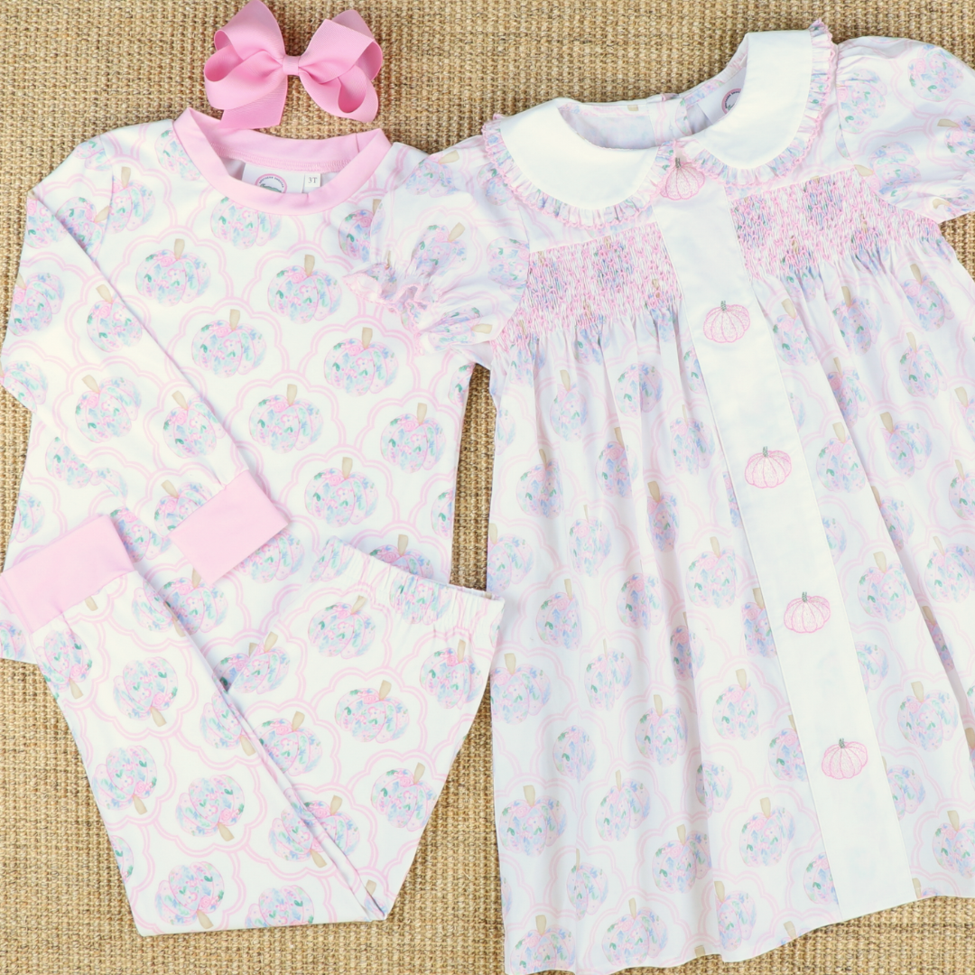 Embroidered Pink Pumpkins Dress - Scalloped Floral Pumpkins