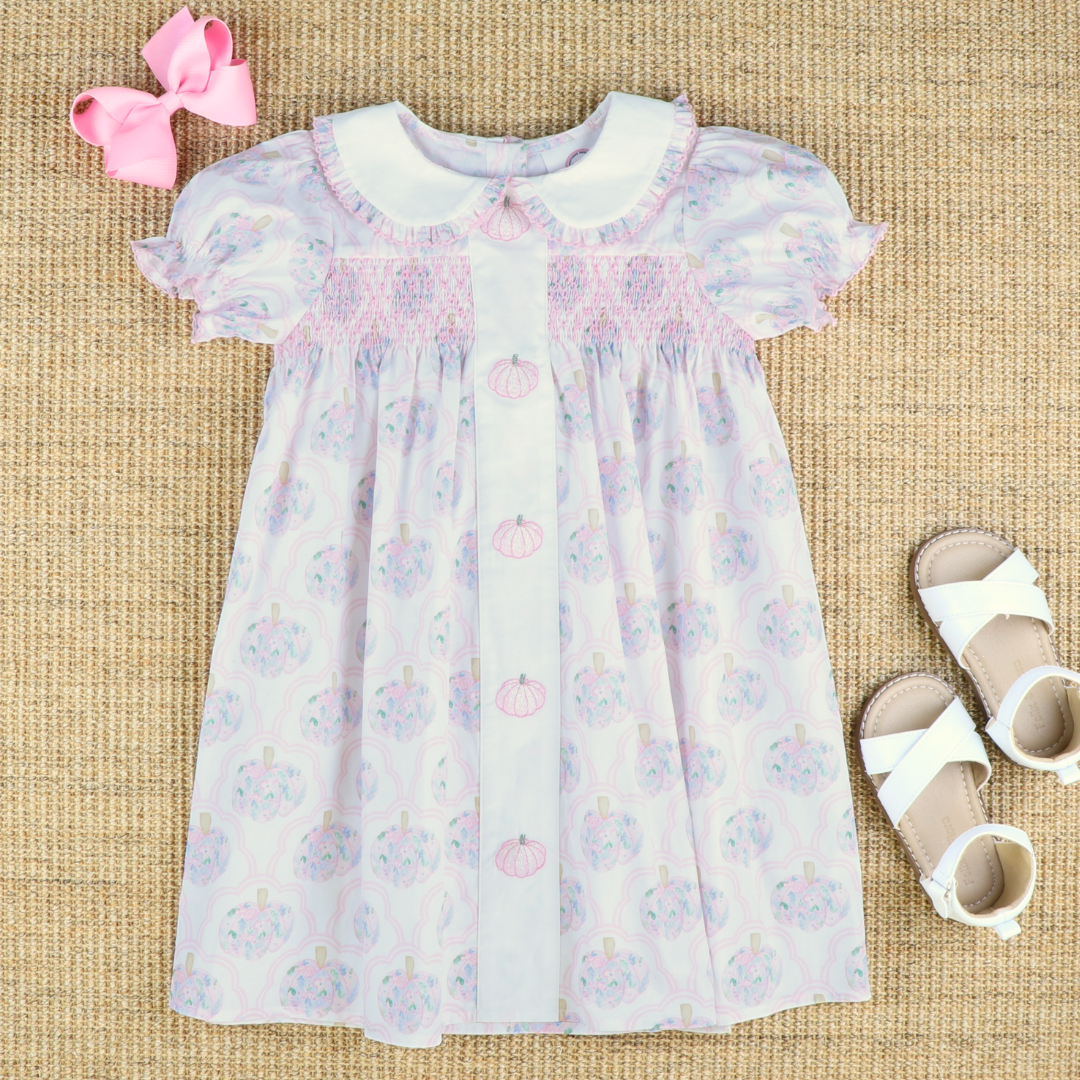 Embroidered Pink Pumpkins Dress - Scalloped Floral Pumpkins
