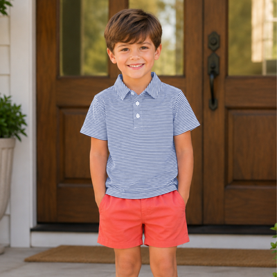 Signature Polo - Slate Blue Stripe Knit - Southern Smocked Co.