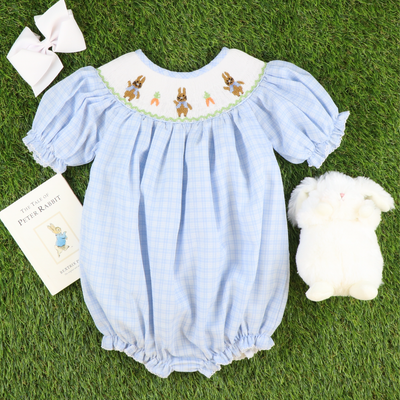 Smocked Storybook Rabbits Girl Bubble - Light Blue Plaid