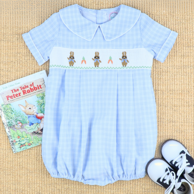 Smocked Storybook Rabbits Boy Collared Bubble - Light Blue Plaid