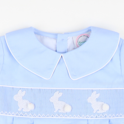 Smocked White Silhouette Bunnies Boy Collared Bubble - Light Blue
