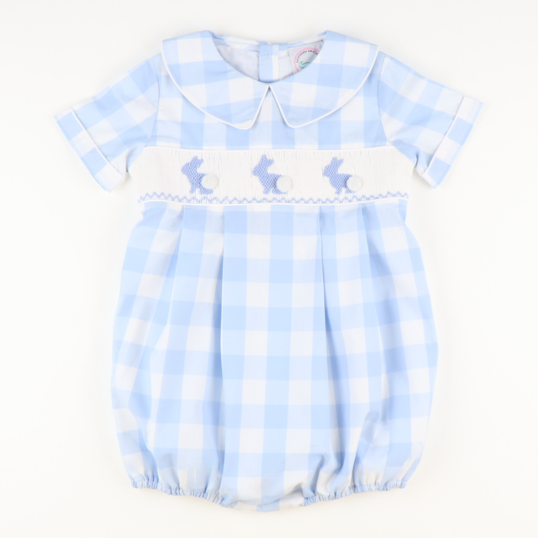 Smocked Blue Silhouette Bunnies Boy Collared Bubble - Light Blue Wide Check