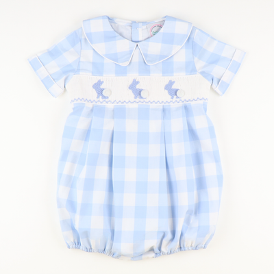 Smocked Blue Silhouette Bunnies Boy Collared Bubble - Light Blue Wide Check