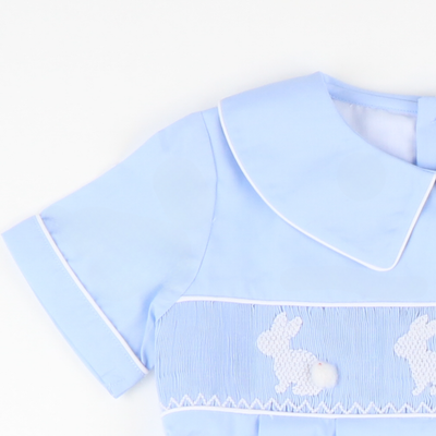Smocked White Silhouette Bunnies Boy Collared Bubble - Light Blue