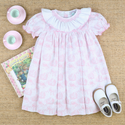 Smocked Ruffle Neck Dress- Pink Bunny Toile