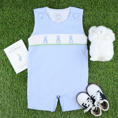 Smocked  Cottontail Bunnies Shortall - Light Blue