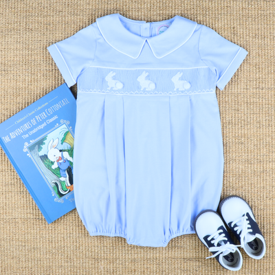 Smocked White Silhouette Bunnies Boy Collared Bubble - Light Blue