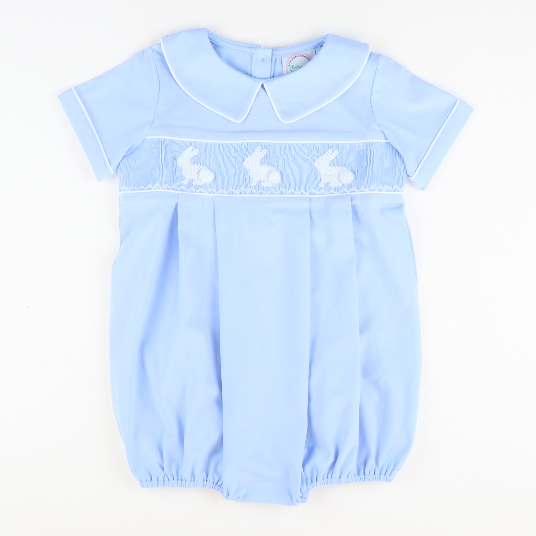 Smocked White Silhouette Bunnies Boy Collared Bubble - Light Blue
