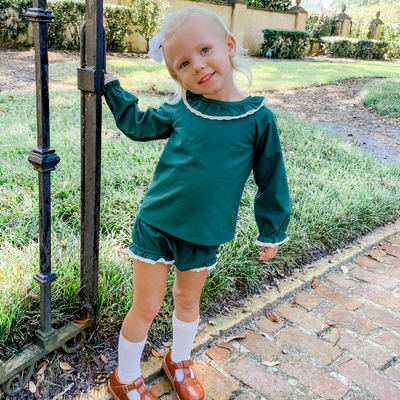 Dark Green & Cream Linen Top & Bloomer Set
