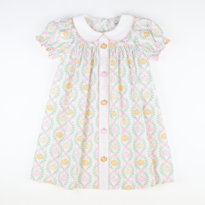 Embroidered Pink & Orange Pumpkins Collared Dress- Pumpkin Pink Bow Trellis