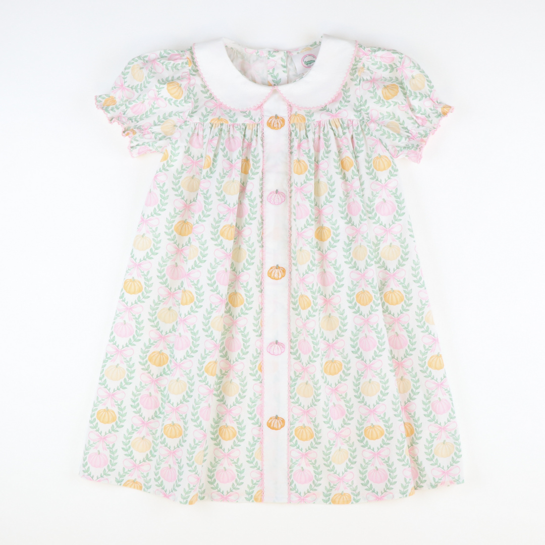 Embroidered Pink & Orange Pumpkins Collared Dress-  Pumpkin Pink Bow Trellis