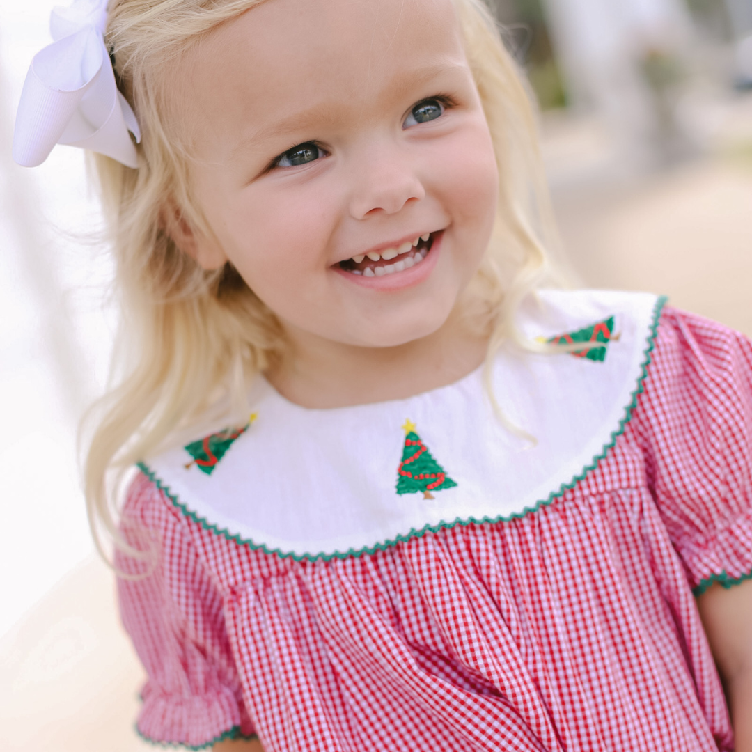 Embroidered Christmas Trees Bib Dress - Holiday Red Mini Gingham
