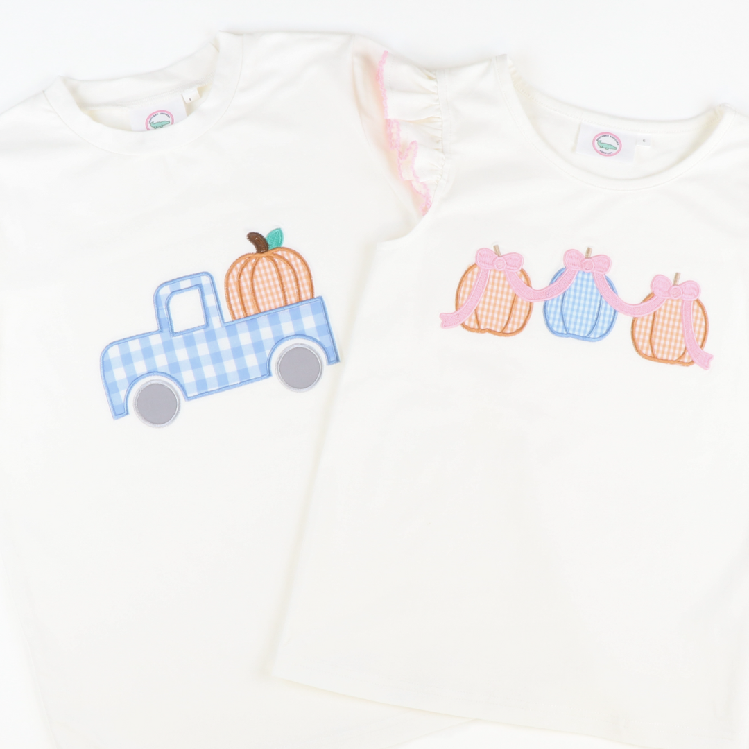 Pumpkin & Truck Appliqué Shirt - White Knit