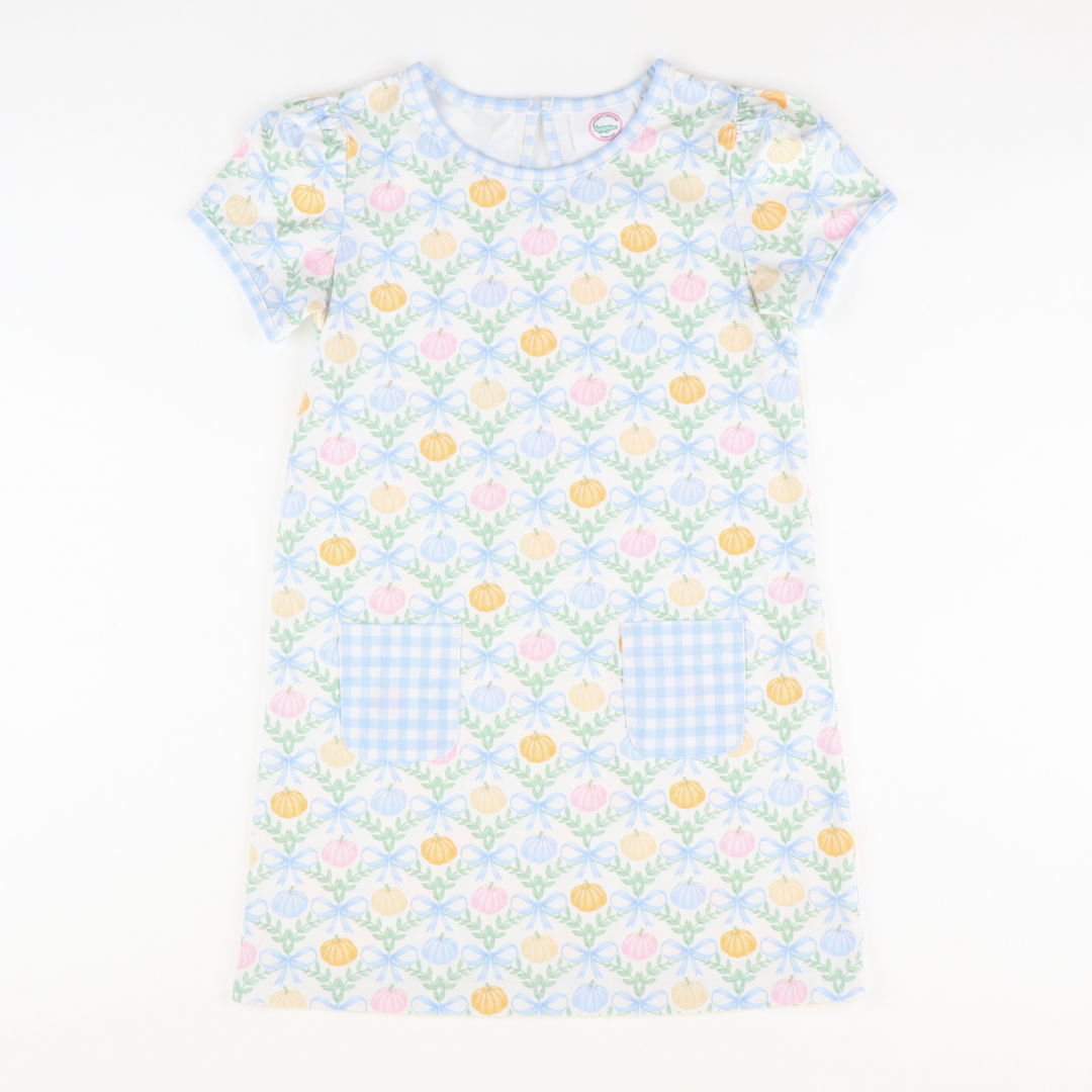 Playground Pocket Dress - Pumpkin Blue Bow Trellis