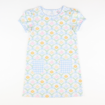 Playground Pocket Dress - Pumpkin Blue Bow Trellis - Stellybelly