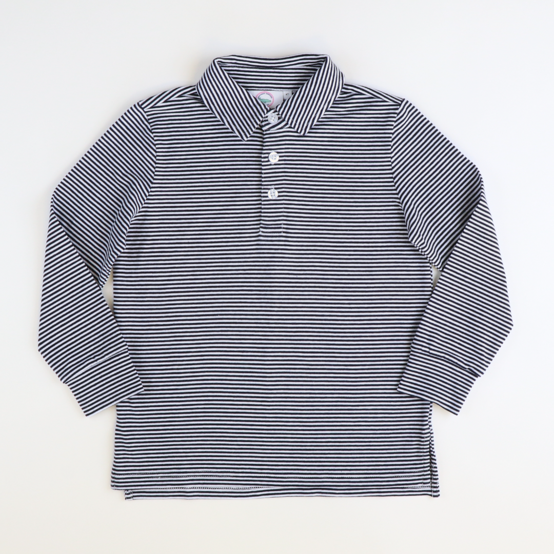 Boys Signature L/S Knit Polo - Black & White Thin Stripe