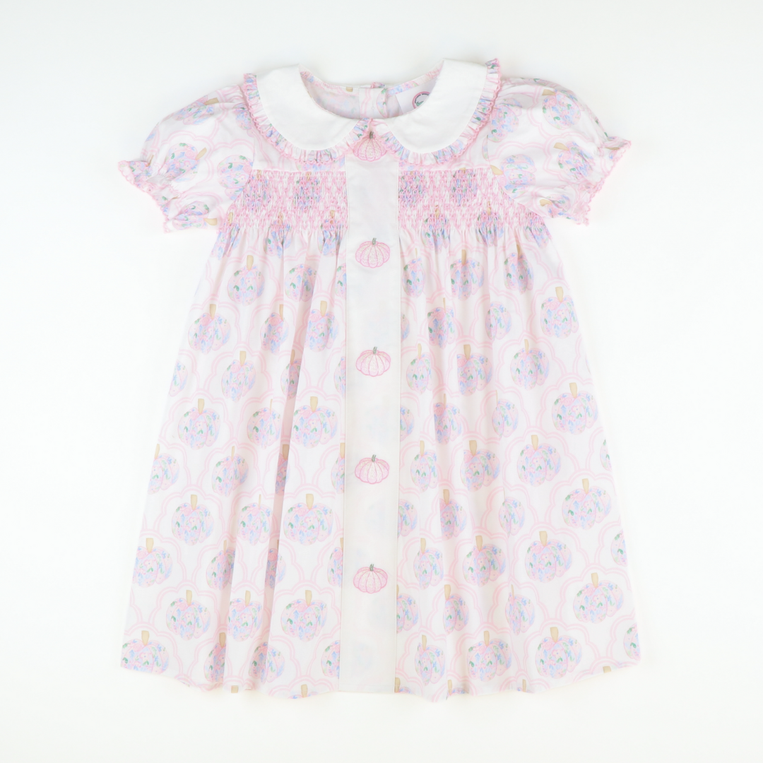 Embroidered Pink Pumpkins Dress - Scalloped Floral Pumpkins
