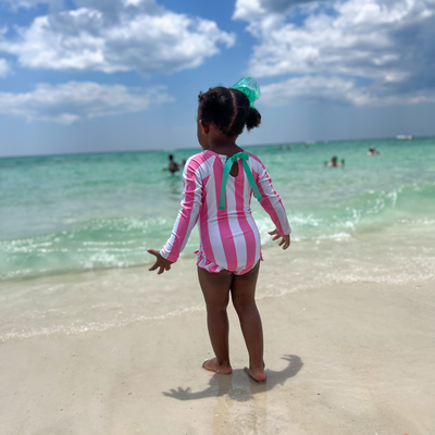 Preppy Pink Stripes One-Piece Rash Guard
