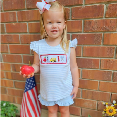 Smocked Back To School  Knit Top & Ruffle Shorts Set - Light Blue Micro Stripe & Light Blue Knit